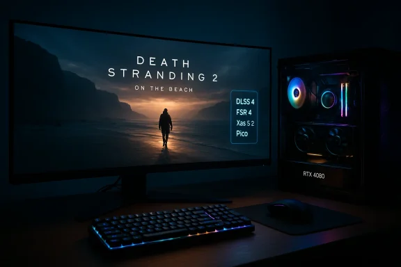 Dark gaming setup with a monitor showing Death Stranding 2 on the beach, RGB keyboard, and RTX 4080 PC.