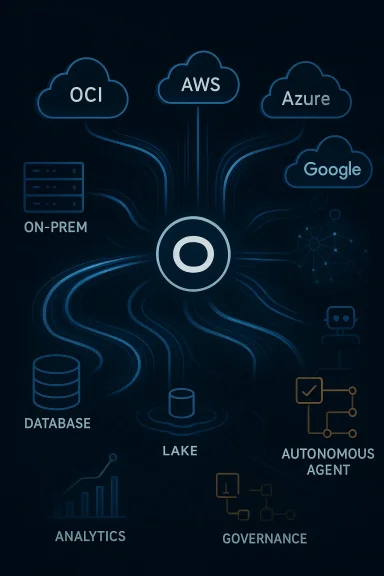Central orchestration hub links OCI, AWS, Azure, Google clouds with on‑prem, data lake, database, analytics, governance.
