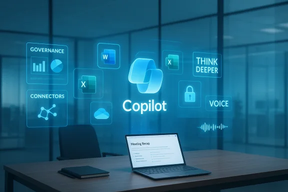 A futuristic office scene with holographic Copilot UI overlays around the desk.