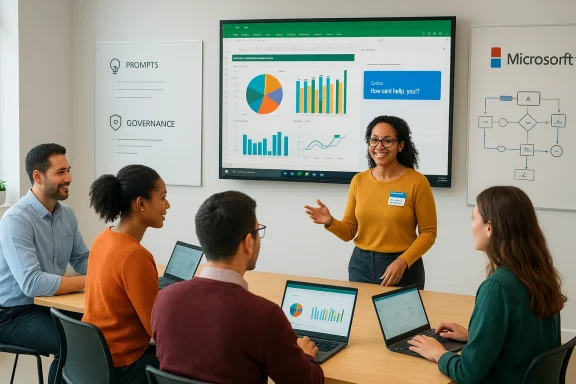 A woman presenter leads a data-driven meeting with colleagues as charts fill the screen.