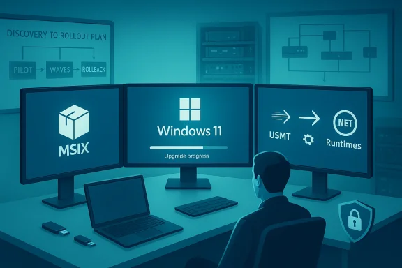 Workstation monitors Windows 11 upgrade progress with MSIX, USMT, and runtimes.