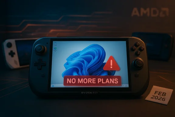 Ryzen Z1 handheld gaming console shows a bold “NO MORE PLANS” warning on its screen.