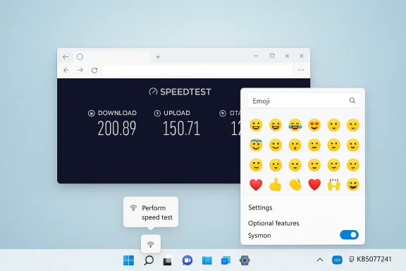Desktop shows a Speedtest window with download/upload speeds and an emoji picker overlay.