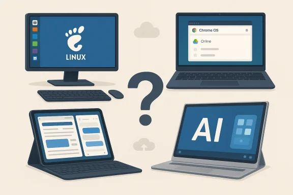 A four-device setup showing Linux, Chrome OS, AI, and cloud connectivity.