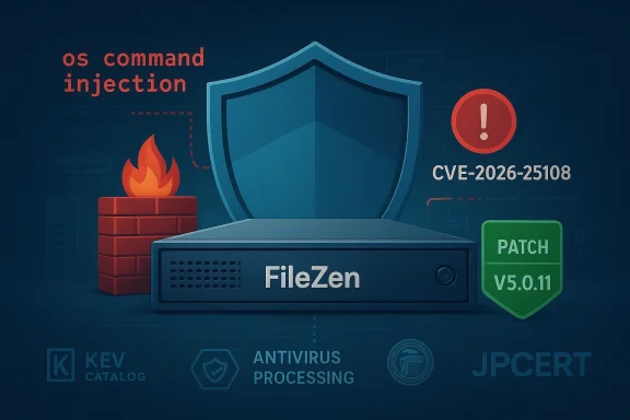 Cybersecurity illustration of a FileZen server shield against OS command injection and CVE-2026-25108.