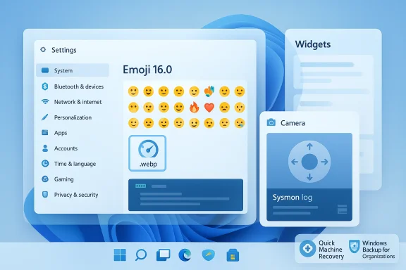 Blue desktop UI mockup showing Settings, Emoji 16.0, and widget panels. Blue desktop UI mockup showing Settings, Emoji 16.0, and widget panels.