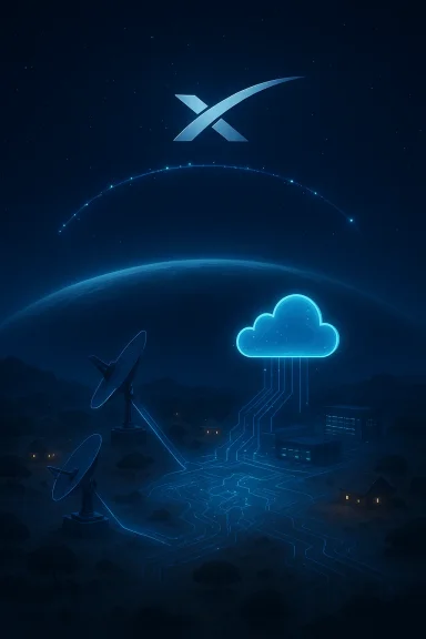 A neon blue cloud and circuitry illuminate a rural night landscape with satellite dishes.