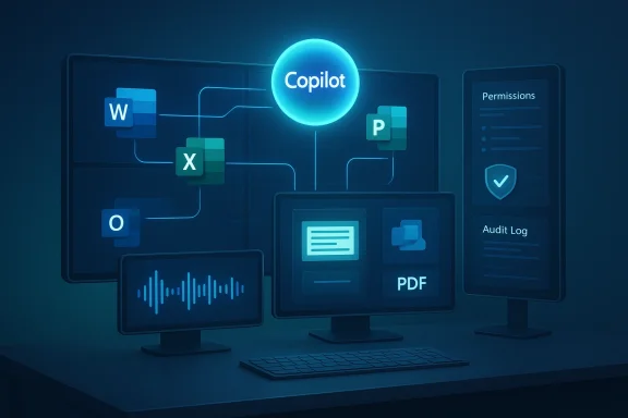 Copilot connects Word, Excel, PowerPoint, and Outlook on a neon digital dashboard.