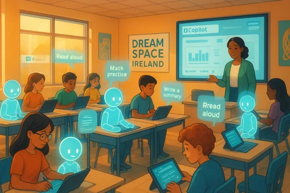 A futuristic classroom where students use tablets with glowing AI helpers as a teacher presents at the front.