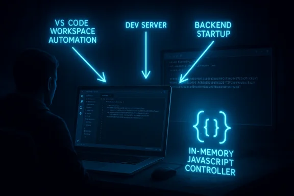 A developer sits at a laptop beneath neon blue labels for VS Code, Dev Server, and Backend Startup.