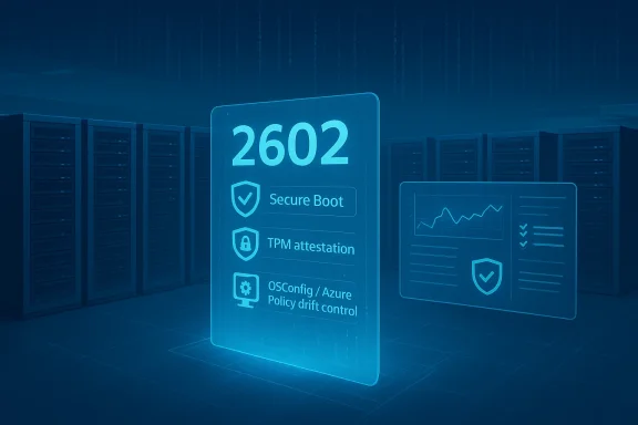 Blue-tinted data center with a glowing panel listing Secure Boot, TPM attestation, and policy drift control. Blue-tinted data center with a glowing panel listing Secure Boot, TPM attestation, and policy drift control.