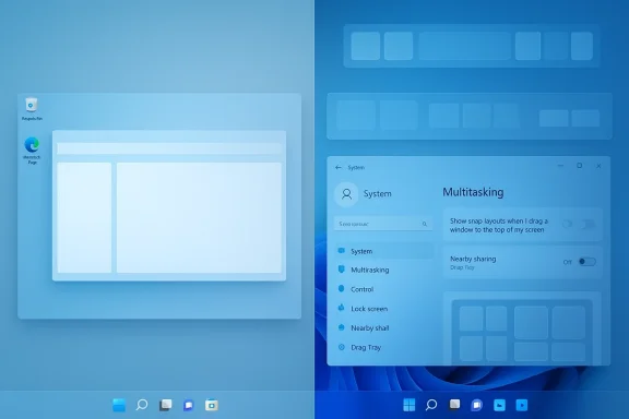 Split-screen Windows-style desktop showing multitasking and a system settings panel.