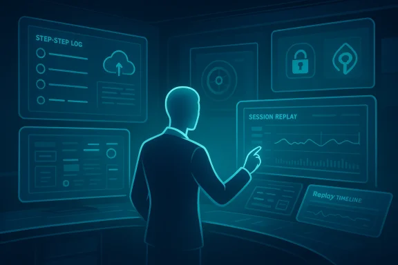 A person analyzes data on neon blue holographic dashboards in a high-tech control room.