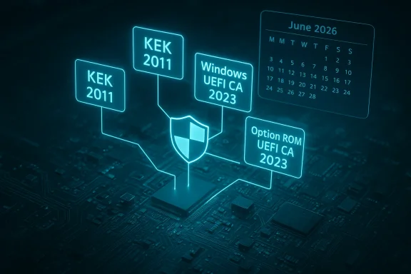 Neon blue circuit diagram showing KEK 2011, Windows UEFI CA 2023, and Option ROM UEFI CA 2023 on a motherboard. Neon blue circuit diagram showing KEK 2011, Windows UEFI CA 2023, and Option ROM UEFI CA 2023 on a motherboard.