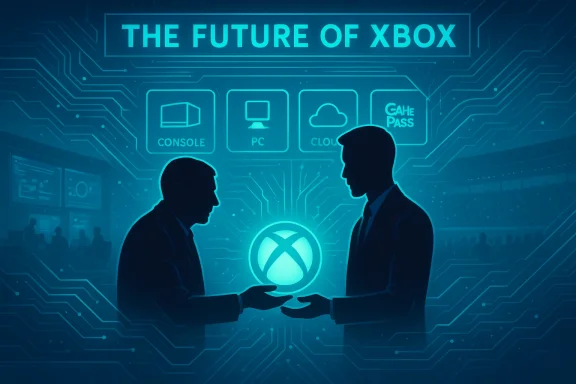 Two silhouetted figures discuss the future of Xbox beside a glowing Xbox logo.