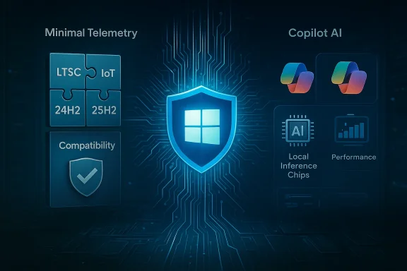 Glowing shield amid circuitry, symbolizing Windows security with minimal telemetry and Copilot AI.