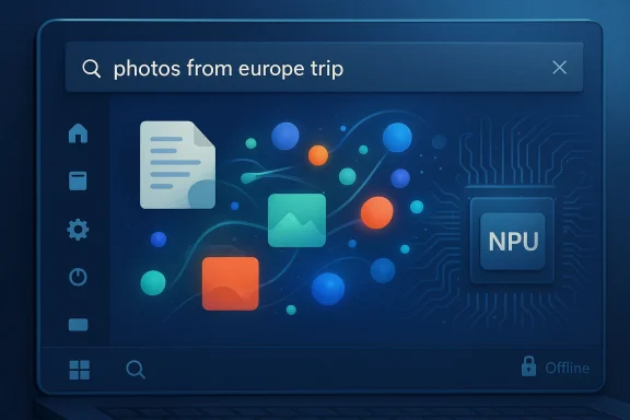 Futuristic UI: search for 'photos from europe trip' with colorful floating icons and an NPU chip.