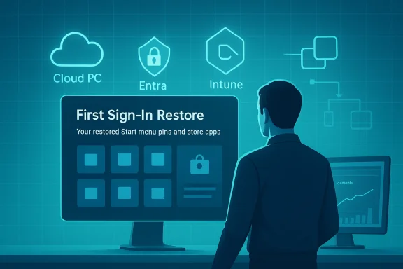 A person stands before a screen labeled 'First Sign-In Restore' showing restored Start menu pins.