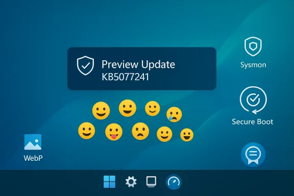 Blue Windows-style desktop with a 'Preview Update KB5077241' banner and row of emoji icons.
