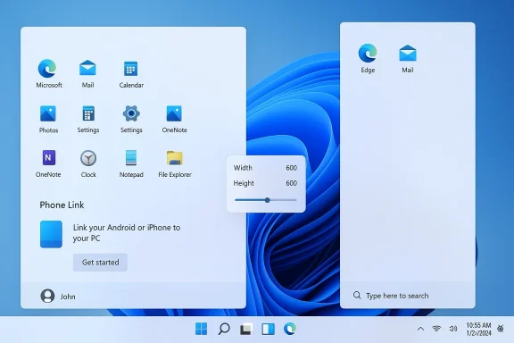 Windows 11 desktop with two large rounded app panels on a blue wallpaper.