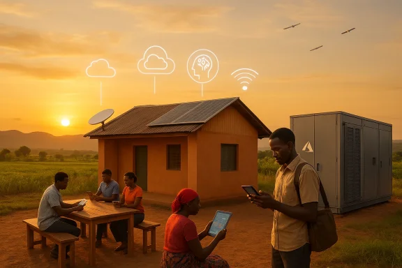 Rural village at sunset with a solar-powered home and locals using tablets and phones.