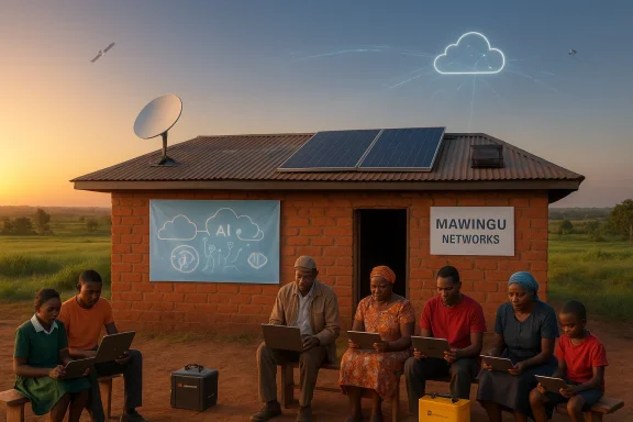 Rural tech hub: solar-powered building with satellite dish and cloud network, people using tablets.