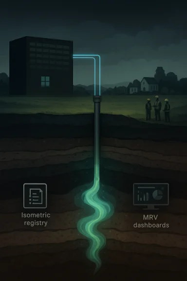 Underground gas leak from a pipeline, forming a glowing plume watched by MRV dashboards.