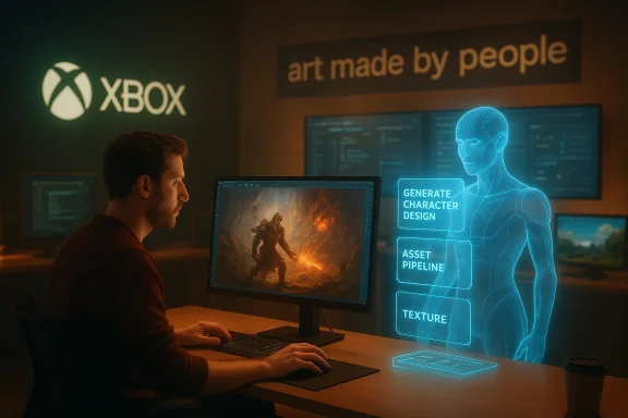 A designer at Xbox uses a holographic UI to generate character design while a fiery monster appears on the screen.