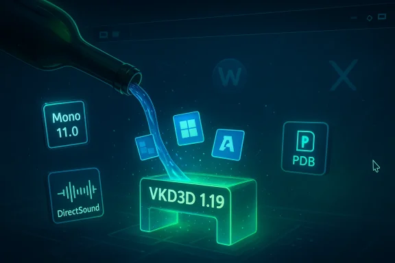 Neon liquid pours into a glowing VKD3D 1.19 block amid floating app icons.