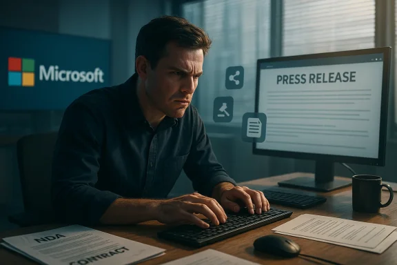 A focused man types at a Microsoft office desk, with a press release on screen and NDA papers.