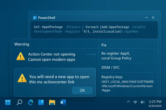 PowerShell window shows a warning that Action Center cannot open modern apps.