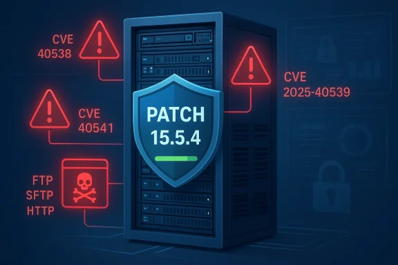Server rack with PATCH 15.5.4 shield amid CVE warnings.