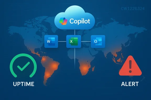 Copilot cloud connects Word, Excel and Outlook, showing uptime status and alerts.