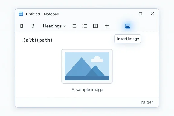Notepad-like editor showing an Insert Image button and a sample image.