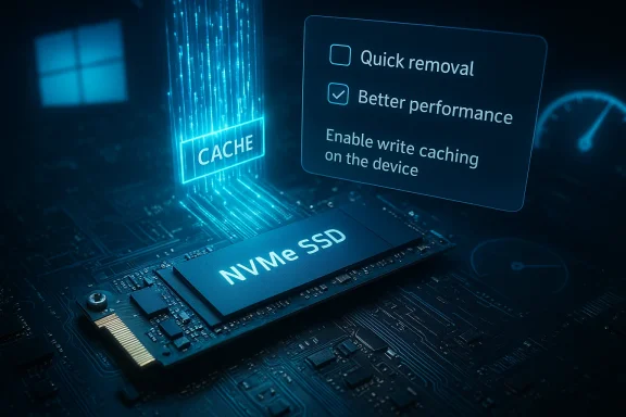 A glowing NVMe SSD sits on a motherboard, with holographic cache and performance options.