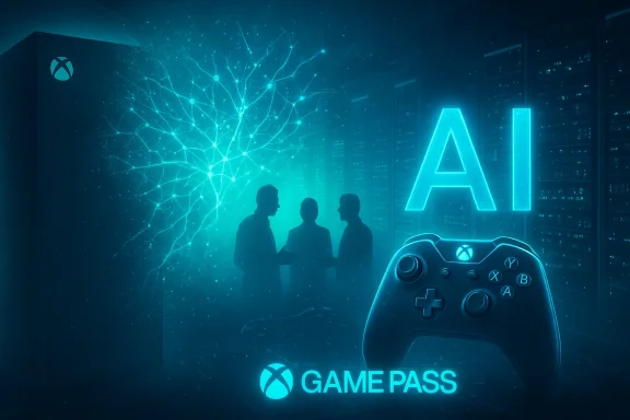 Futuristic AI-driven Xbox Game Pass display with a glowing controller in a server room.