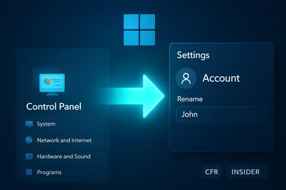 Futuristic Windows UI showing a left Control Panel and a right Settings panel connected by a glowing arrow.
