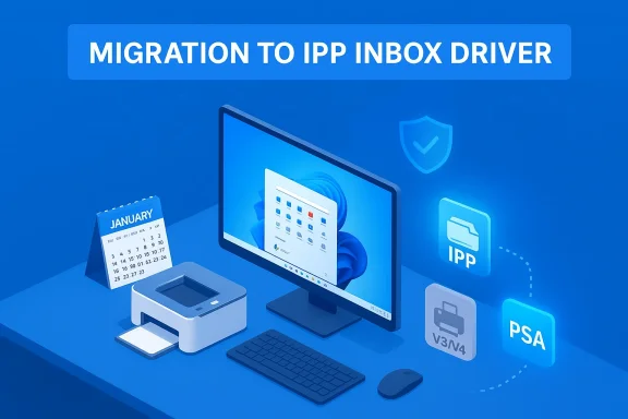 Blue illustration of a computer setup showing migration to the IPP Inbox Driver with printer and icons.