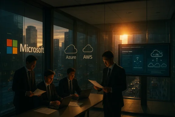 A Microsoft team reviews Azure and AWS in a glass-walled conference room at sunset.