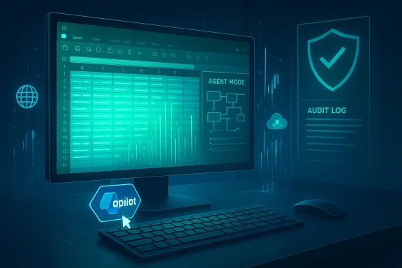 A futuristic desktop setup with a glowing spreadsheet on the monitor, agent mode diagram, and audit log panel.