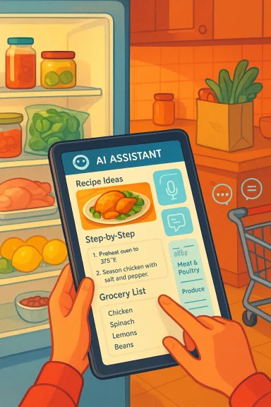 A person uses an AI assistant tablet to plan recipes while grocery shopping.