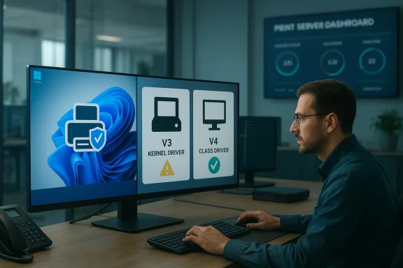 A man at a desk views a dual-monitor setup showing V3 kernel driver warning and V4 class driver OK.