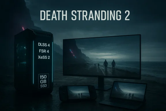 Death Stranding 2 promo shows a PC tower, monitor, laptop, and handheld displaying the coastal scene.