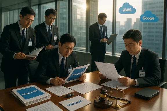 Corporate team in suits reviews documents during a Microsoft briefing; AWS and Google logos visible.