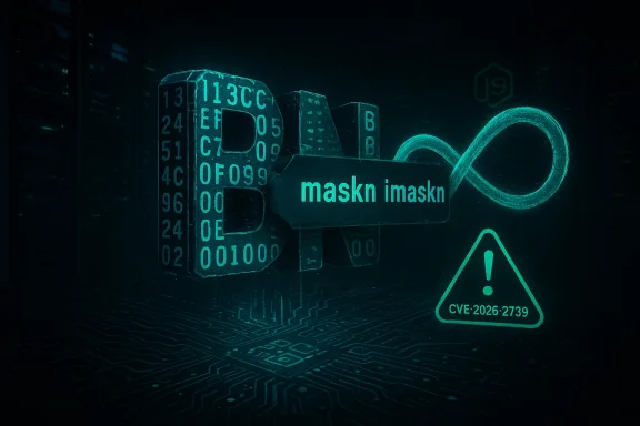 Neon cyber key with coded digits, an infinity loop, and a CVE-2026-2739 warning symbol.