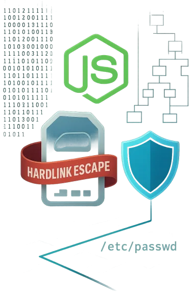Node.js security concept: a 'Hardlink Escape' with a shield and /etc/passwd reference.