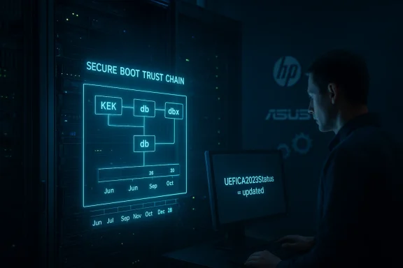 A technician monitors a blue-glowing Secure Boot Trust Chain diagram in a server room. A technician monitors a blue-glowing Secure Boot Trust Chain diagram in a server room.