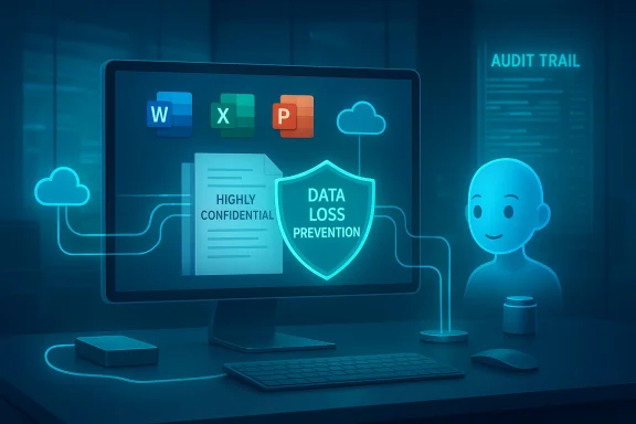 Computer monitor shows a data loss prevention shield protecting a confidential document, with cloud and Office icons.