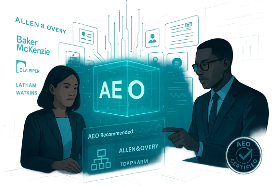 Two suited professionals review a holographic AEO cube in a blue digital interface.