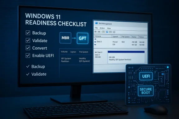 Windows 11 readiness checklist showing MBR to GPT, backup, validate, and UEFI with Secure Boot visuals.